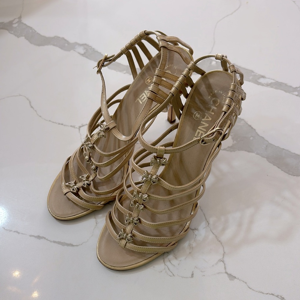 Chanel Cream/Gold - Leather Bow Cage Heels